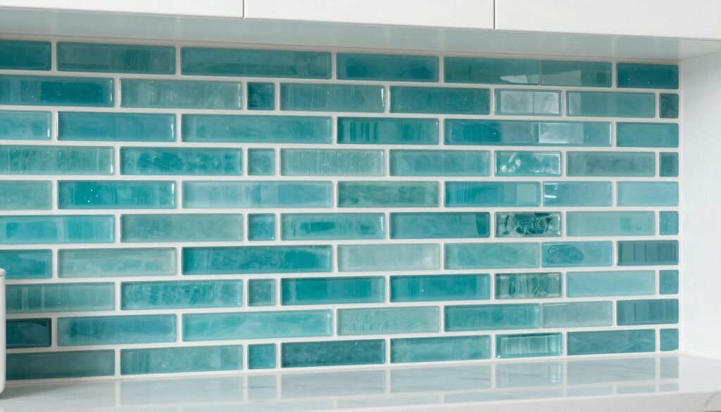 Clean and sparkling sea glass backsplash showing proper maintenance results
