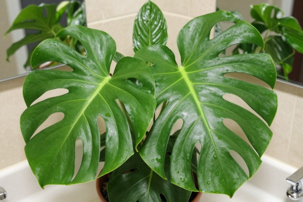 Clean, well-maintained bathroom plants with glossy healthy leaves