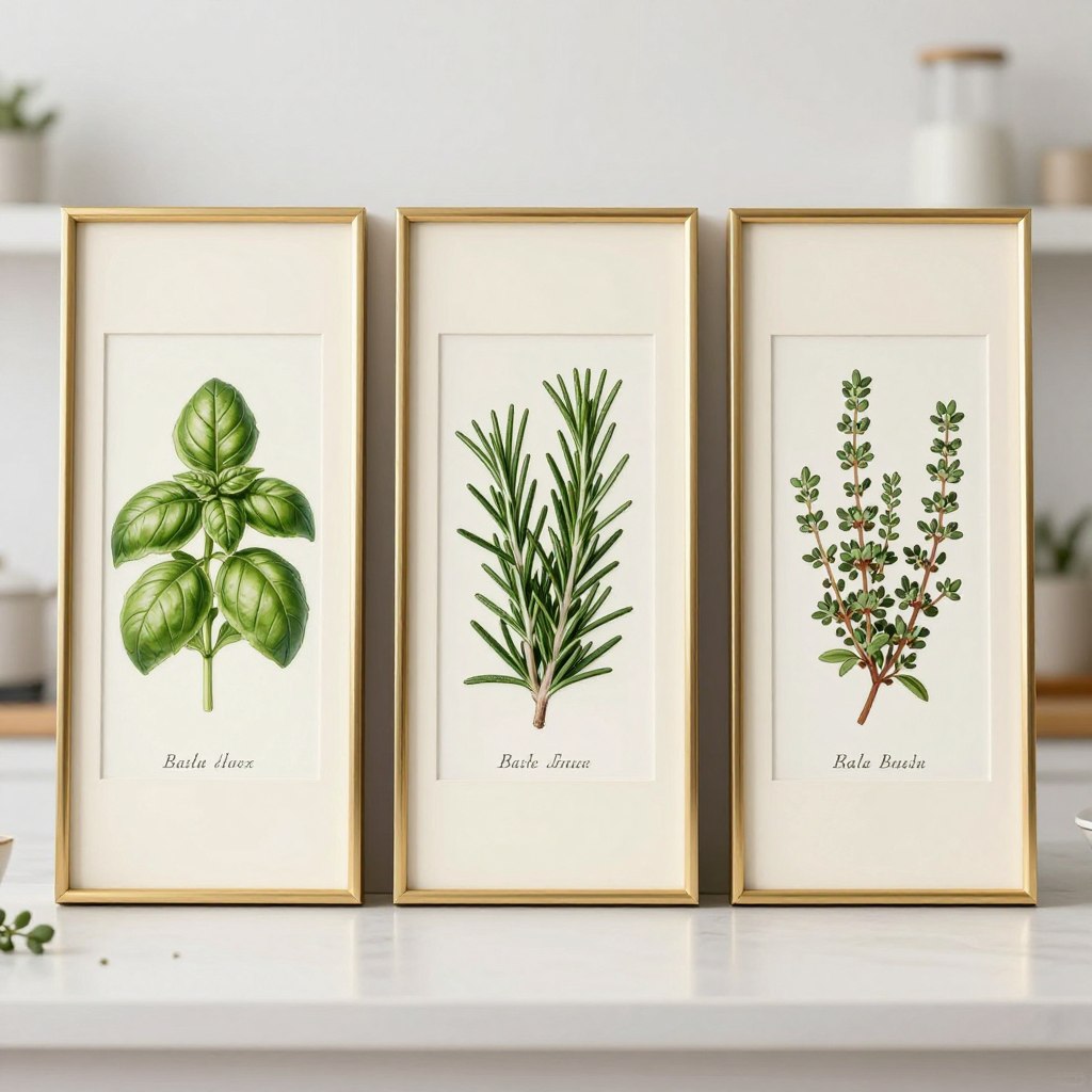 Close-up of framed herb botanical prints with Latin names