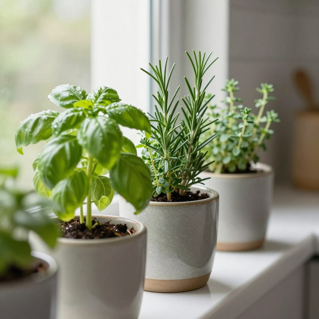 Close-up of fresh herbs growing in modern kitchen windowsill planter with natural light