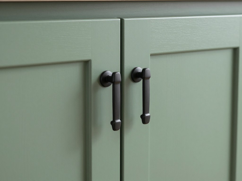 Close-up of sage green shaker cabinet doors with black iron hardware