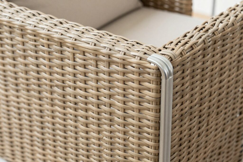 Close-up of weatherproof wicker furniture texture and construction details, NO PEOPLE, NO HUMANS, NO HANDS