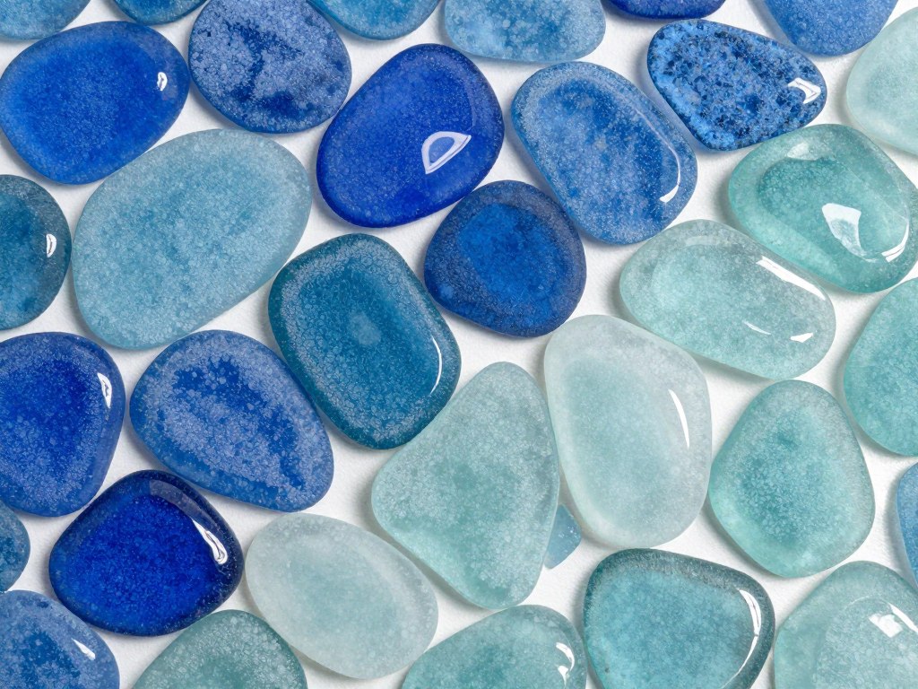 Close-up view of individual sea glass tiles showing texture and color variation in blues and greens