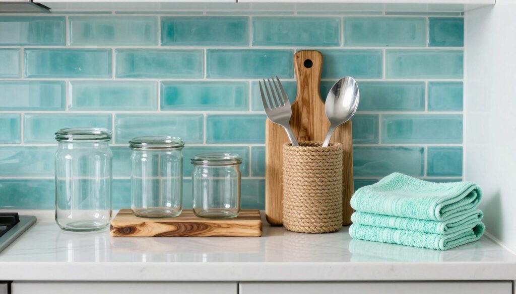 Coastal kitchen accessories coordinating with sea glass backsplash theme