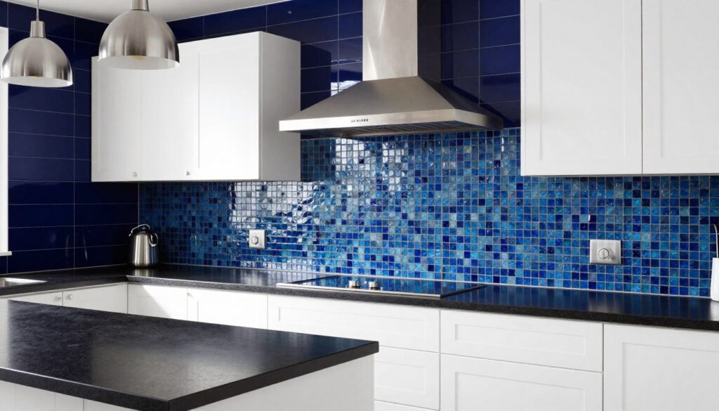 Cobalt blue sea glass mosaic backsplash creating dramatic kitchen focal point