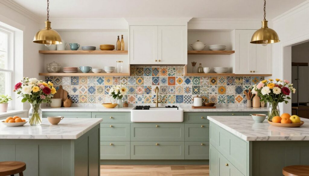 Cohesive whimsical kitchen design combining multiple design elements including colorful cabinets, vintage accessories, and creative lighting