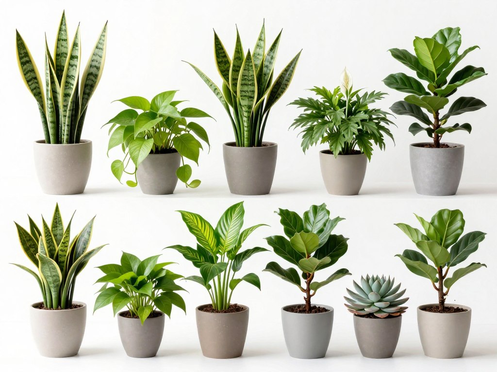 Collection of different indoor plant varieties suited for various room conditions including low light and bright spaces, NO PEOPLE, NO HUMANS, NO HANDS