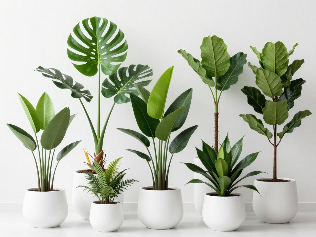 Collection of large tropical bathroom plants including monstera and bird of paradise in white planters