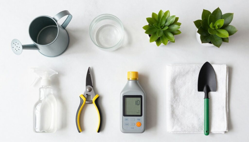 Collection of plant care tools and supplies arranged on clean surface, NO PEOPLE, NO HUMANS, NO HANDS