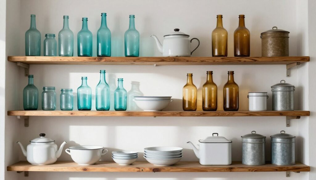 Collection of vintage glass bottles and enamelware displayed on kitchen open shelving creating nostalgic display