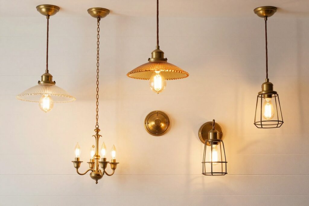 Collection of vintage kitchen light fixtures including brass pendant lights and wall sconces creating warm ambient lighting