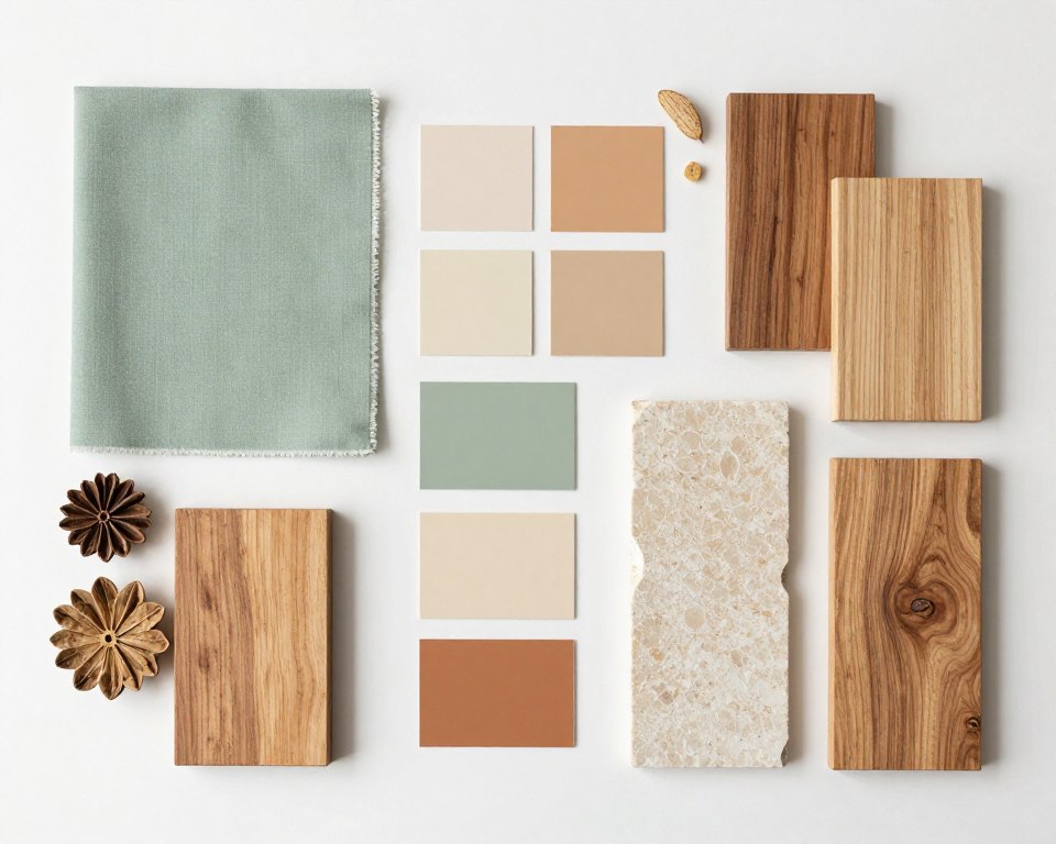 Color palette sample board showing earthy biophilic kitchen colors including greens, browns, and natural tones
