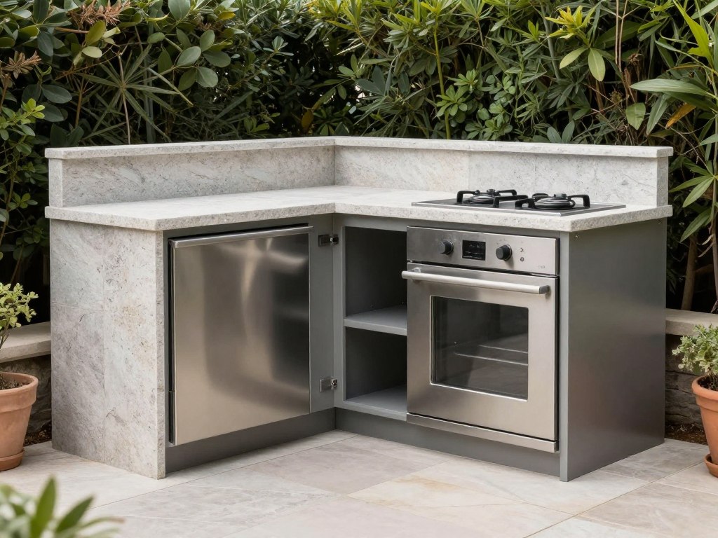 Compact outdoor kitchen design showing efficient use of limited patio space with built-in appliances