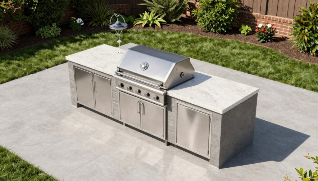 Compact outdoor kitchen island with grill and counter space on small patio
