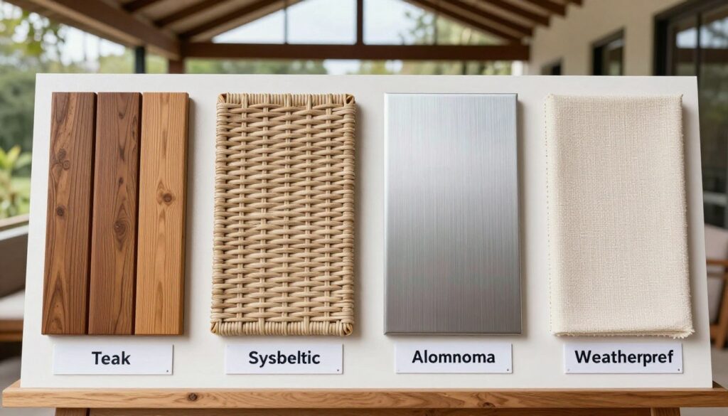 Comparison display of different weatherproof furniture materials, NO PEOPLE, NO HUMANS, NO HANDS