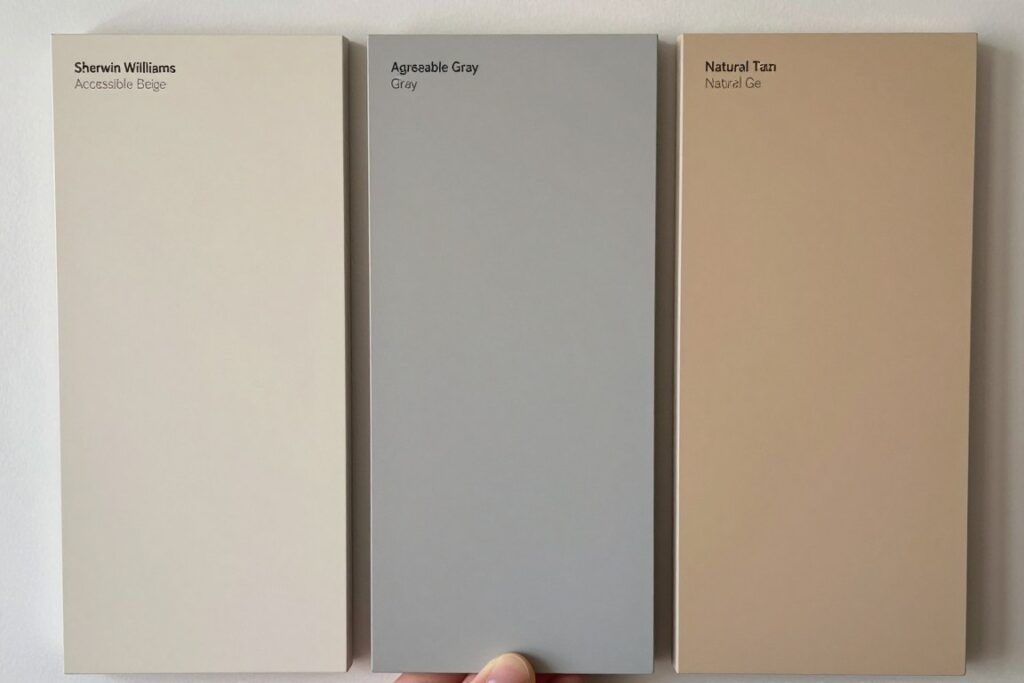 Comparison of Sherwin Williams greige paint colors on kitchen cabinets