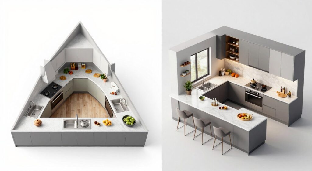 Comparison of traditional triangle kitchen versus modern zone-based kitchen