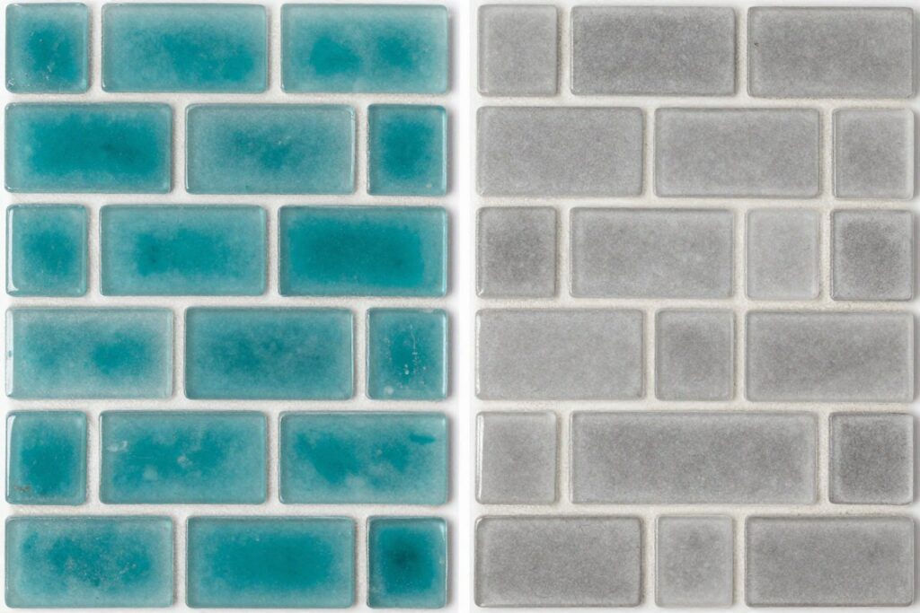 Comparison of white versus gray grout with sea glass tiles