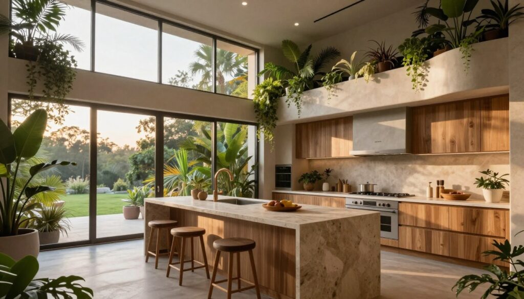Complete biophilic kitchen design showcasing integration of all natural elements, plants, light, and organic materials