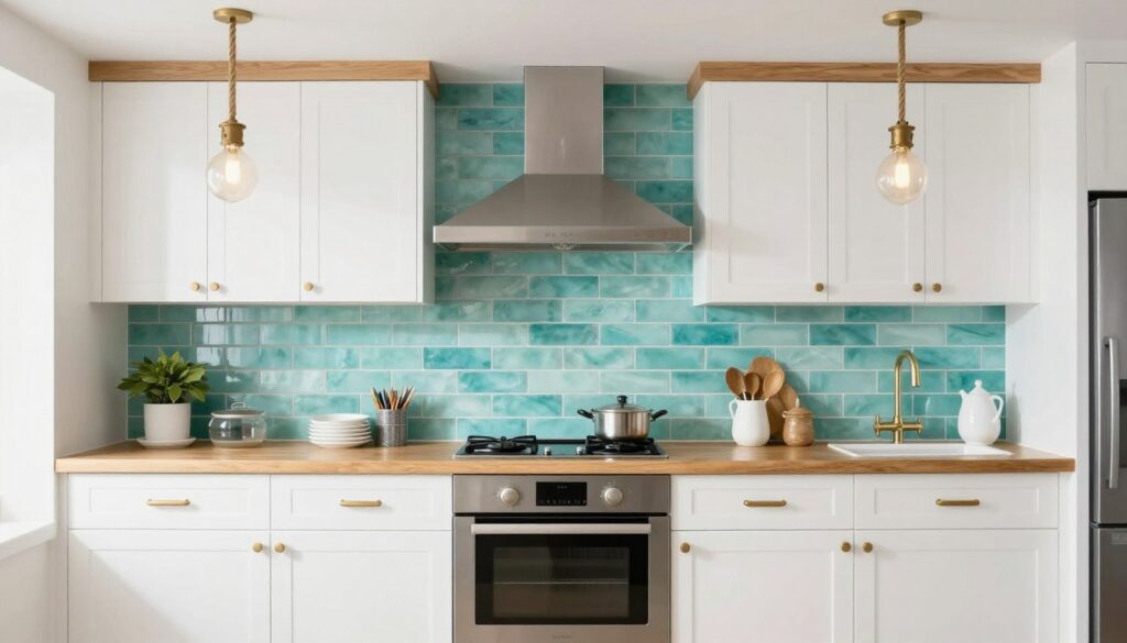 Complete coastal kitchen design with sea glass backsplash as focal point