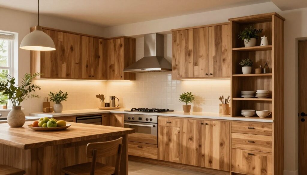 Complete warm kitchen design incorporating wood, lighting, color, texture, natural elements, and balanced storage