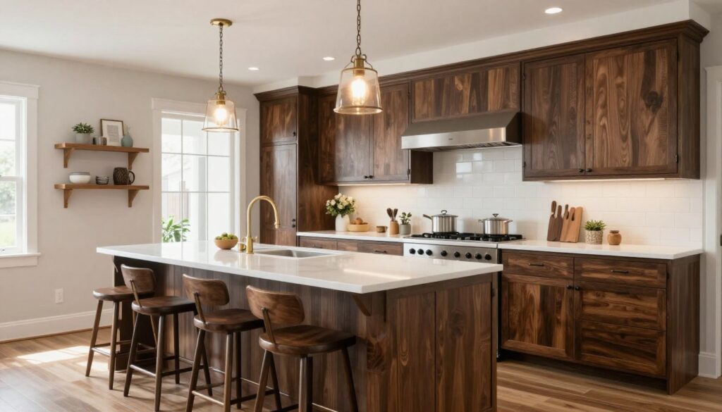 Completed modern rustic kitchen featuring dark walnut cabinets with white countertops and mixed metal finishes