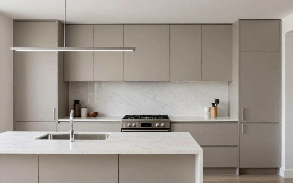 Contemporary kitchen featuring Light Taupe cabinets with modern design