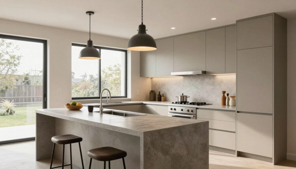 Contemporary kitchen featuring Light Taupe painted cabinets