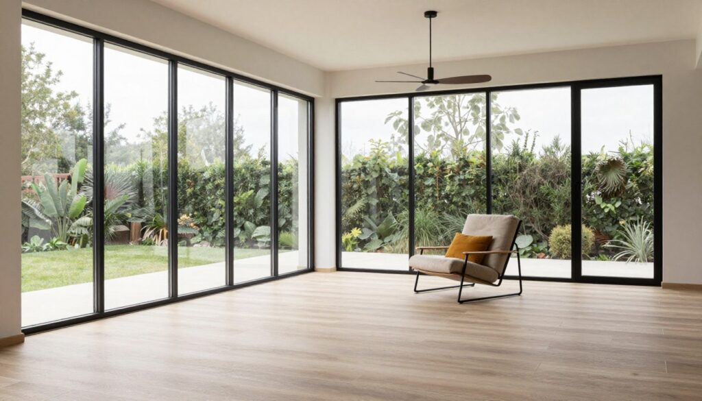 Contemporary mid-century revival sunroom with updated materials and modern comfort, empty sophisticated space