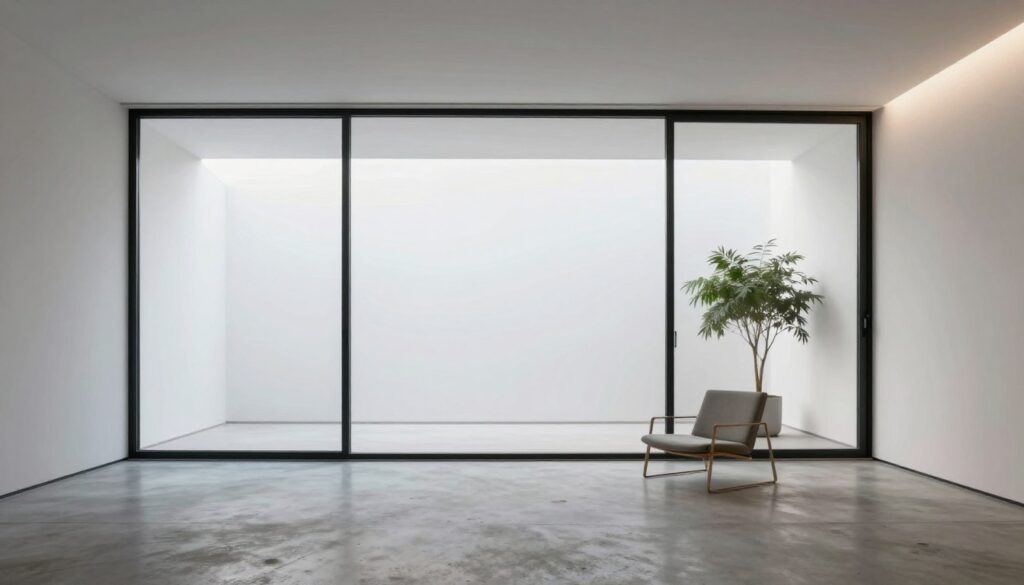 Contemporary minimalist sunroom with clean lines and monochromatic palette, empty serene space