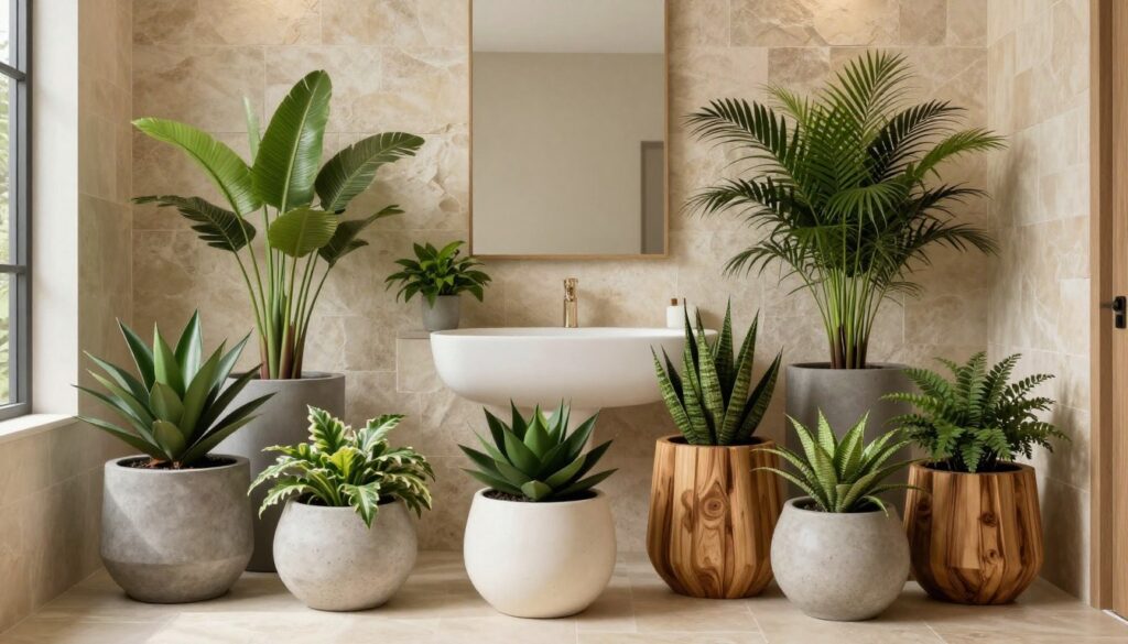 Coordinated planter collection in luxury bathroom with natural materials