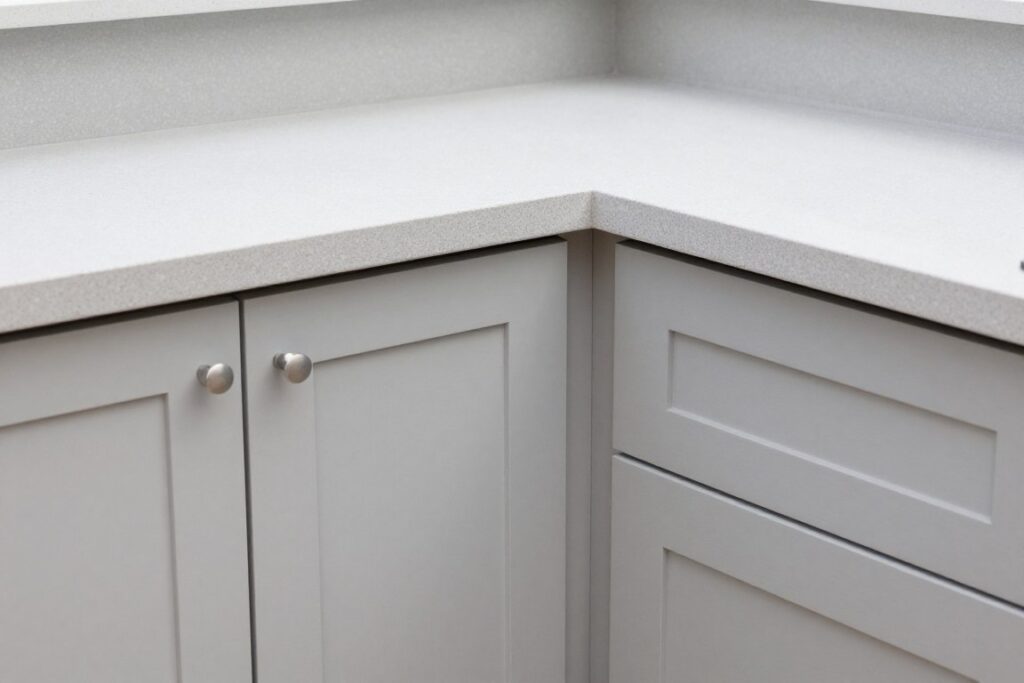 Corner junction of L-shaped outdoor kitchen with lazy susan storage