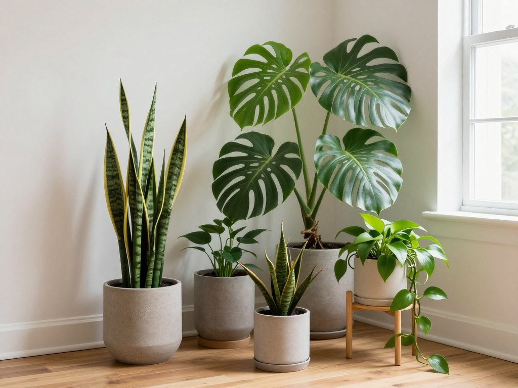 Corner plant grouping with multiple varieties at different heights creating lush indoor garden effect, NO PEOPLE, NO HUMANS, NO HANDS