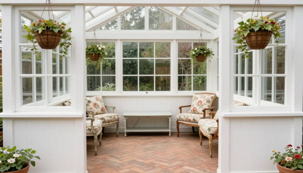 Cottage garden sunroom with floral elements and vintage charm, empty cozy space