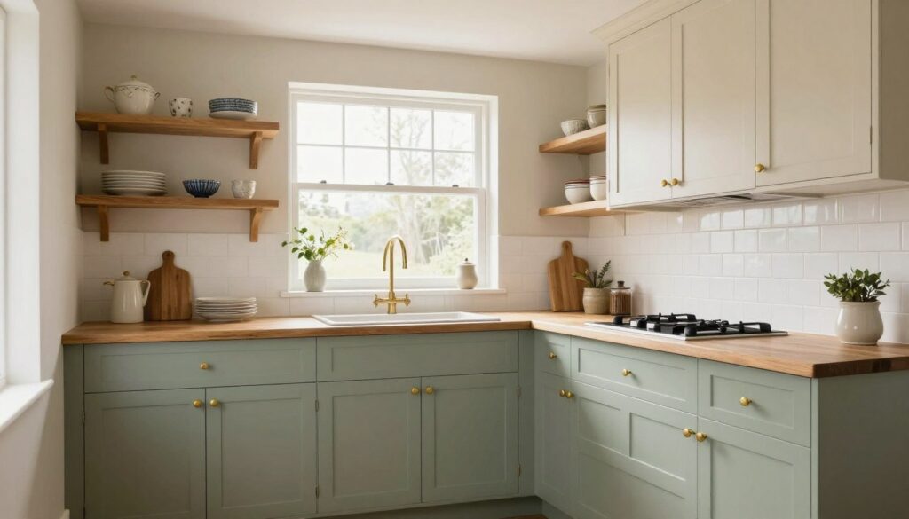 Cottage kitchen painted in soft sage green and cream