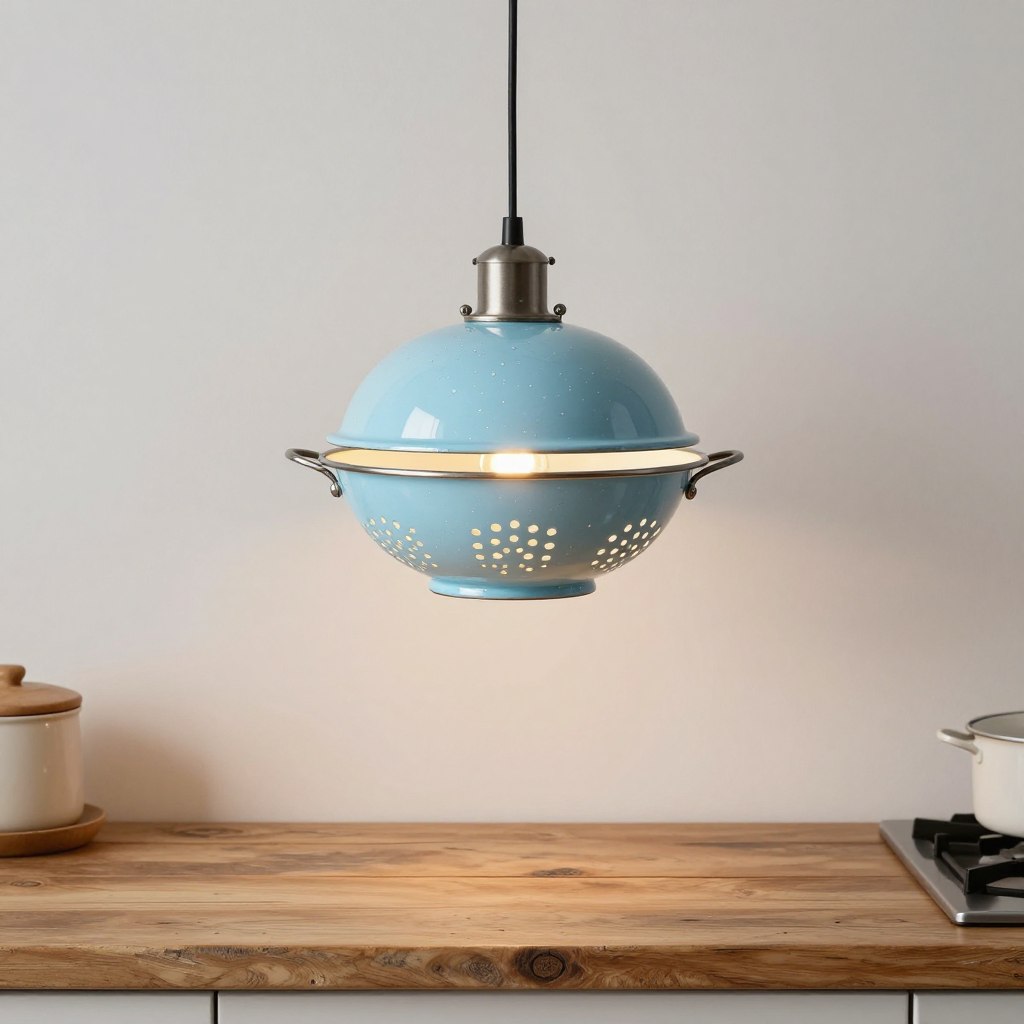 Creative repurposed lighting fixture made from vintage colander creating unique kitchen pendant light