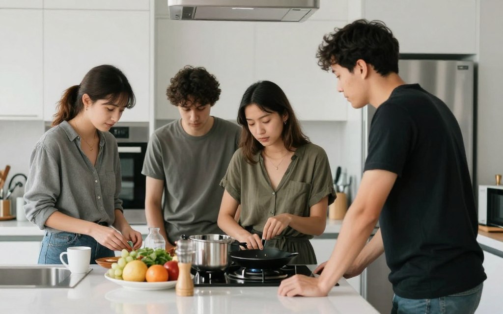 Crowded kitchen with multiple people trying to use same work triangle
