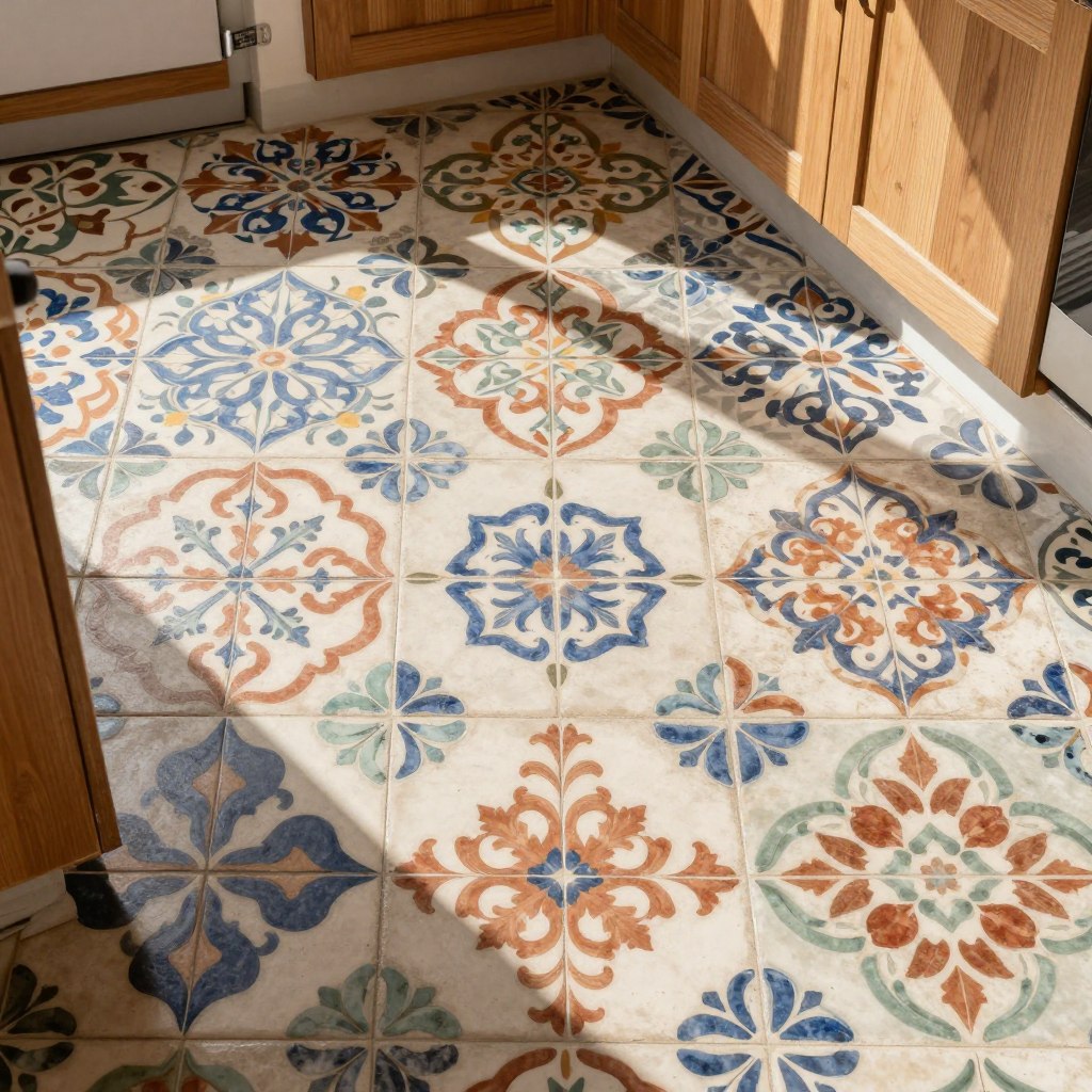 Decorative cement floor tiles with intricate patterns in warm terracotta and blue tones creating visual interest