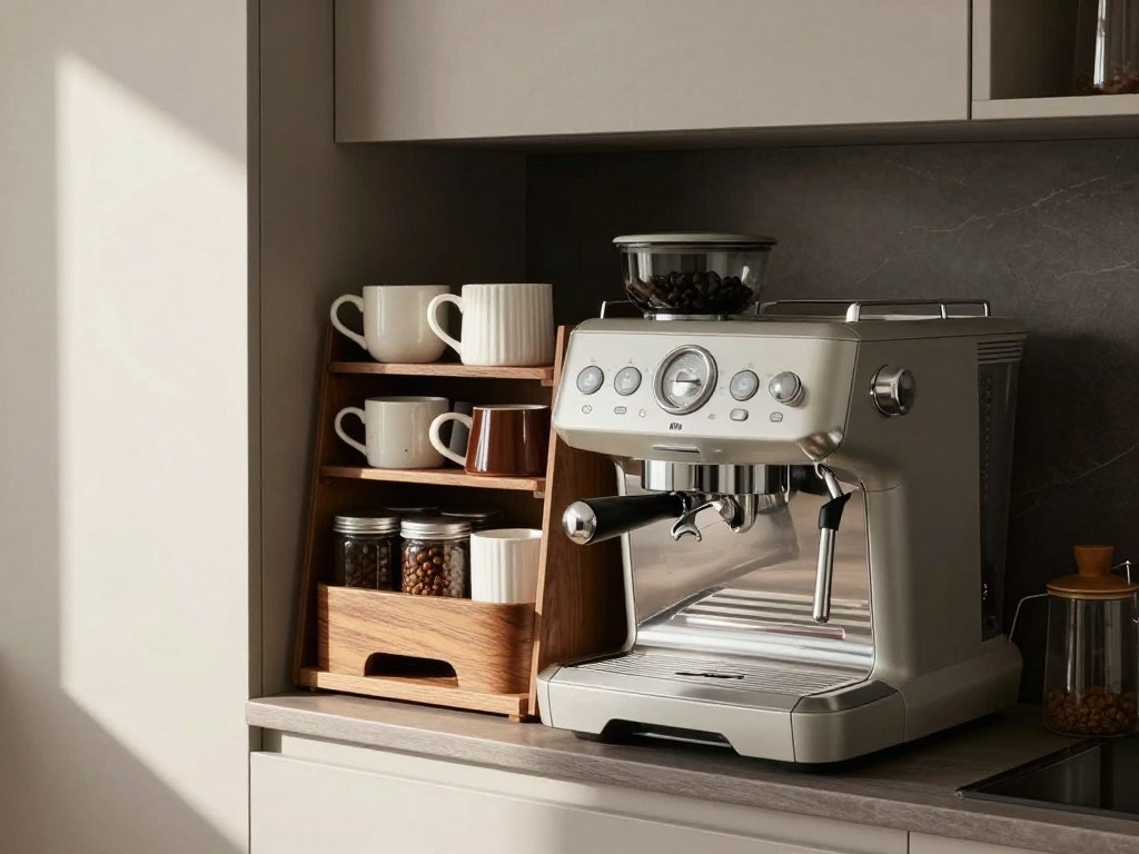 Dedicated coffee station in modern kitchen with espresso machine and storage