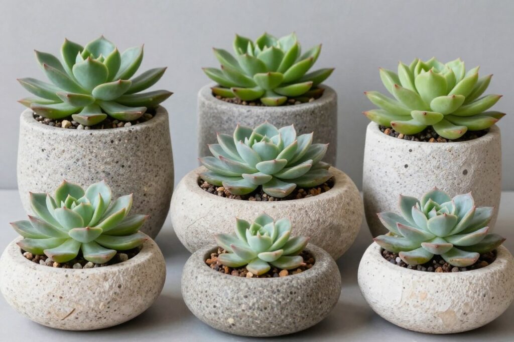 Drought-tolerant succulents in stone containers on balcony