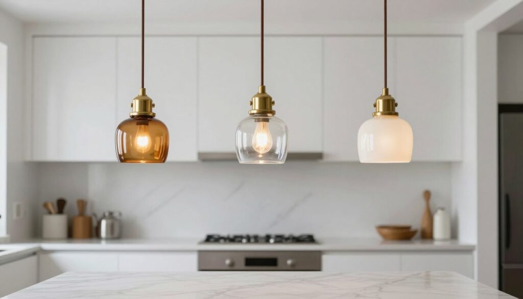 Eclectic mix of pendant light fixtures hanging above kitchen island creating whimsical lighting design