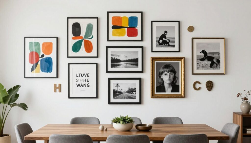 Eclectic mixed media gallery wall combining art prints, photos, and objects in kitchen