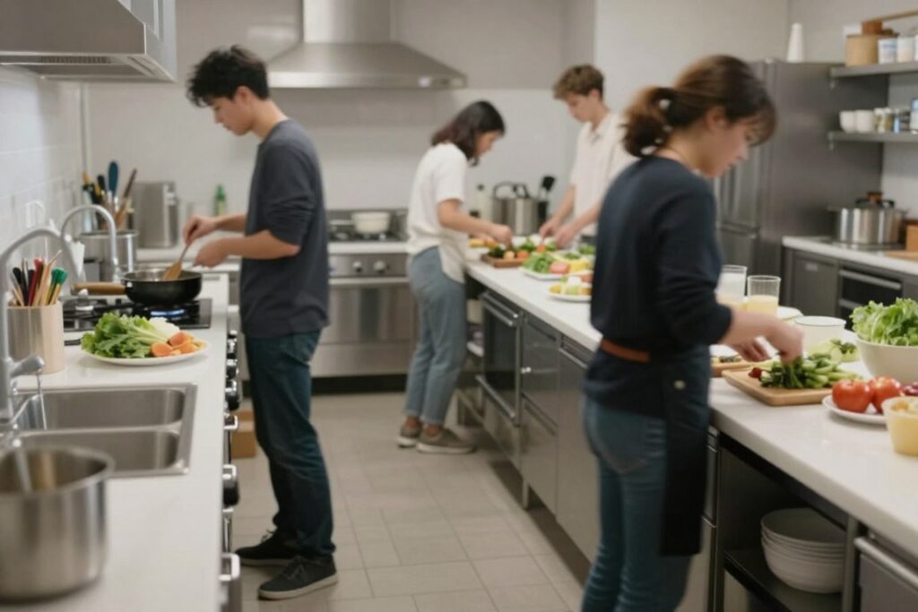 Efficient kitchen workflow with minimal wasted motion during cooking