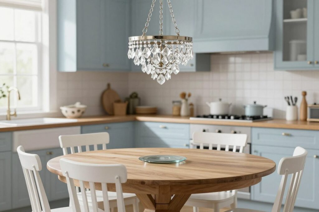 Elegant crystal chandelier hanging in kitchen dining area adding unexpected glamour to the space