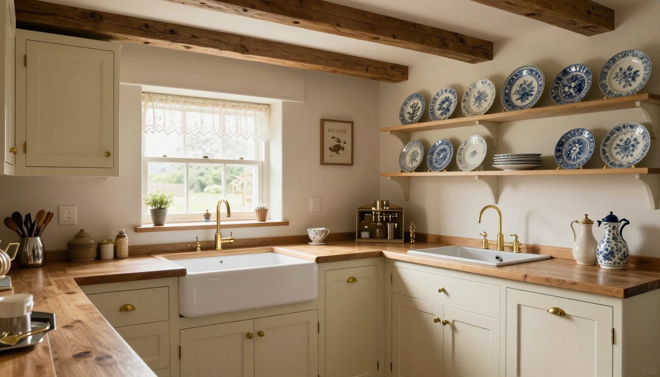 English cottage kitchen with exposed beams and farmhouse sink