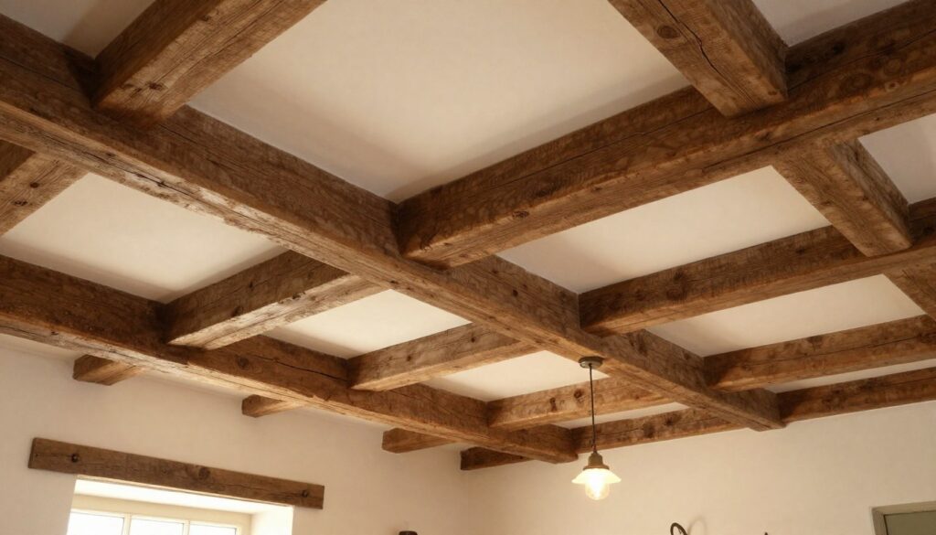 Exposed wooden beams in cottage kitchen ceiling