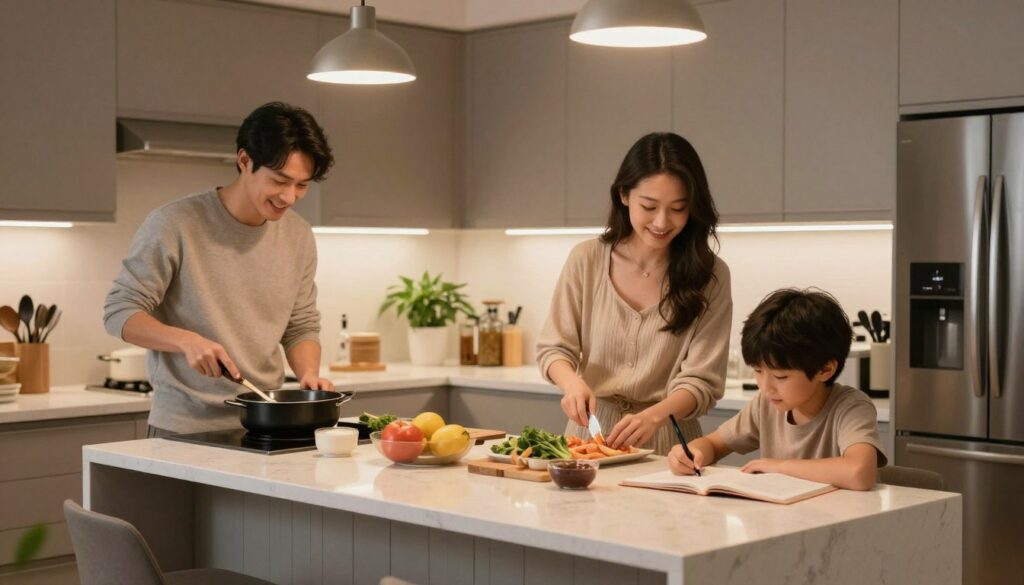 Family using kitchen for multiple purposes - cooking, homework, and gathering