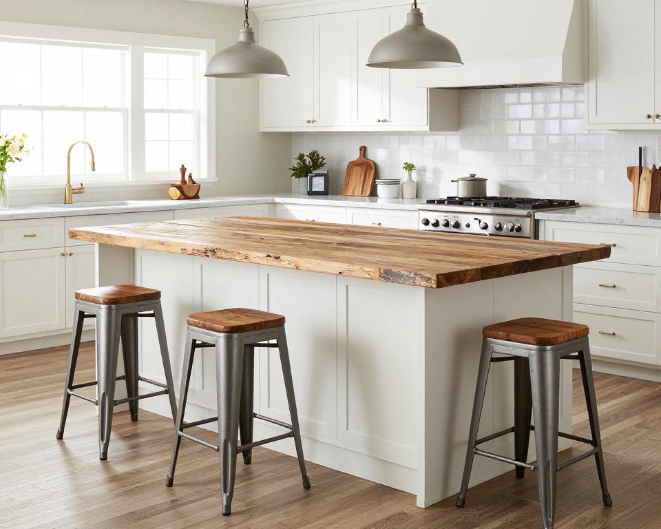 Farmhouse kitchen island with reclaimed wood top and modern metal bar stools blending rustic and contemporary