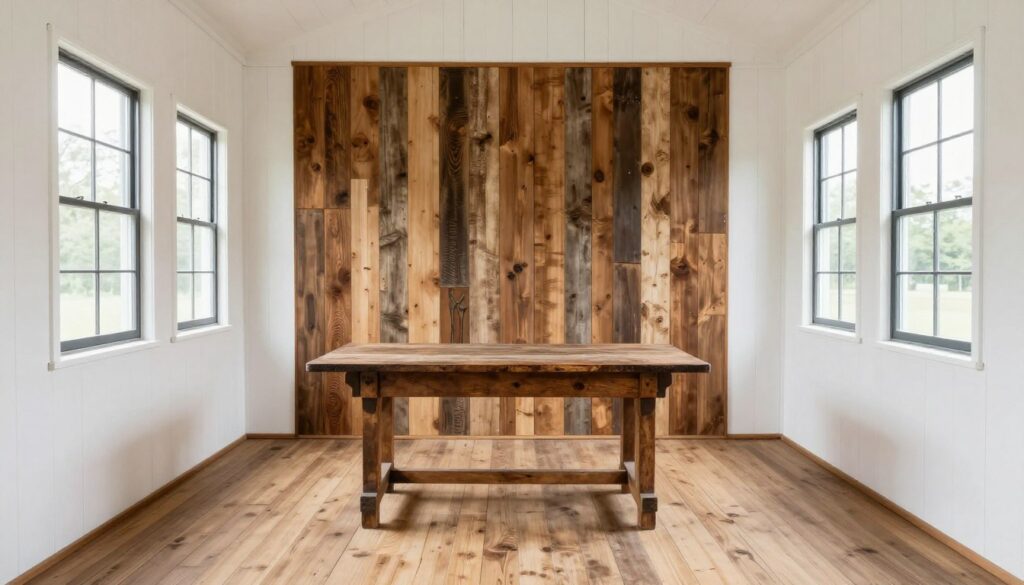 Farmhouse rustic sunroom with reclaimed wood and vintage elements, empty welcoming space
