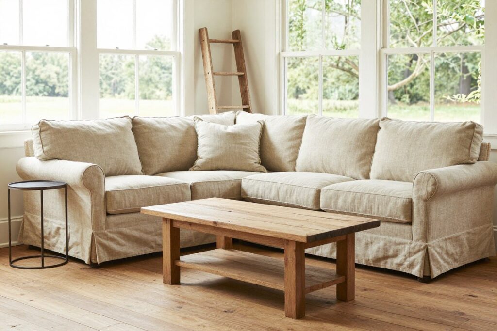 Farmhouse sunroom seating area with comfortable furniture and rustic accents, empty relaxed space